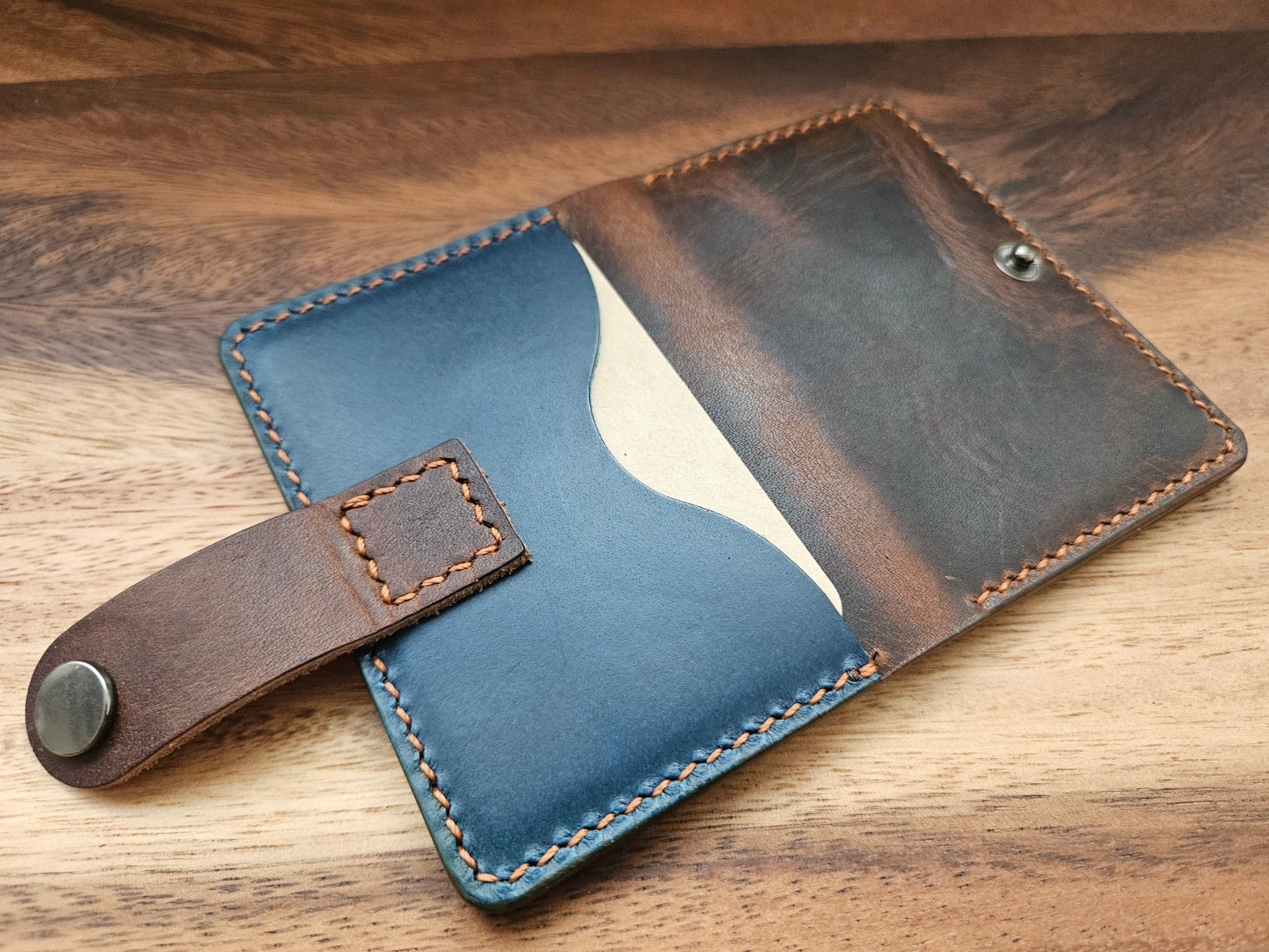Heather's Handmade Full Grain Leather Card Wallet With Embroidered Flower - Bourbon Brown/Blue, Minimalist Design - View #6